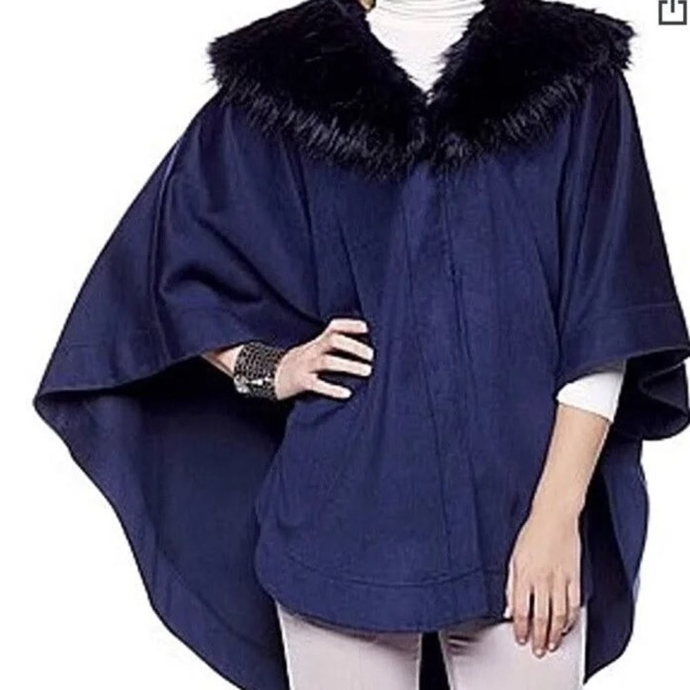 Adrienne Landau Navy Faux Fur Collar Cape Poncho